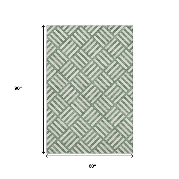HomeRoots 5' X 8' Geometric Area Rug in Green & Ivory - Washable, UV Protected, Soft & Durable for High-Traffic Areas 652349