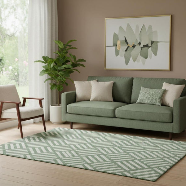 HomeRoots 5' X 8' Geometric Area Rug in Green & Ivory - Washable, UV Protected, Soft & Durable for High-Traffic Areas 652349