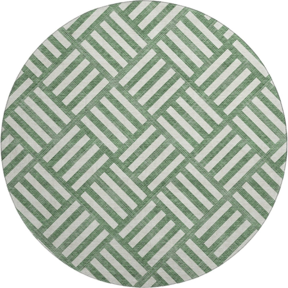 HomeRoots 8' Green and Ivory Geometric Washable Round Rug with UV Protection for Stylish Indoor & Outdoor Use 652350