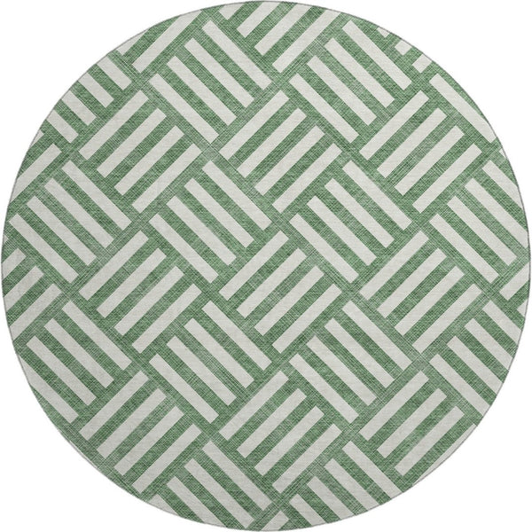 HomeRoots 8' Green and Ivory Geometric Washable Round Rug with UV Protection for Stylish Indoor & Outdoor Use 652350