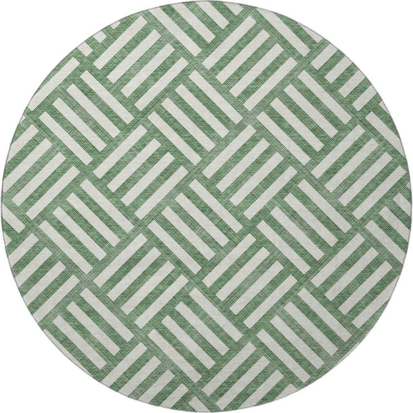 HomeRoots 8' Green and Ivory Geometric Washable Round Rug with UV Protection for Stylish Indoor & Outdoor Use 652350