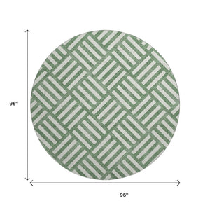 HomeRoots 8' Green and Ivory Geometric Washable Round Rug with UV Protection for Stylish Indoor & Outdoor Use 652350