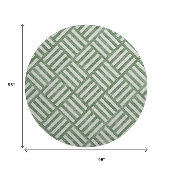 HomeRoots 8' Green and Ivory Geometric Washable Round Rug with UV Protection for Stylish Indoor & Outdoor Use 652350