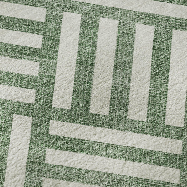 HomeRoots 9' X 12' Green and Ivory Geometric Area Rug - Washable, UV-Protected, Durable for High Traffic Areas 652352