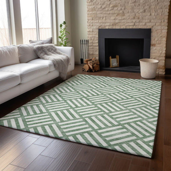 HomeRoots 9' X 12' Green and Ivory Geometric Area Rug - Washable, UV-Protected, Durable for High Traffic Areas 652352