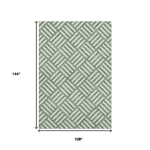 HomeRoots 9' X 12' Green and Ivory Geometric Area Rug - Washable, UV-Protected, Durable for High Traffic Areas 652352