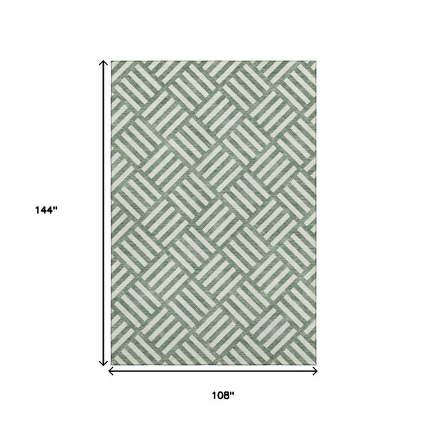 HomeRoots 9' X 12' Green and Ivory Geometric Area Rug - Washable, UV-Protected, Durable for High Traffic Areas 652352
