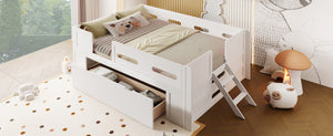 English Elm Wood Twin Platform Bed for Kids with Fence Guardrail and Under Storage Drawer White N709P385777K