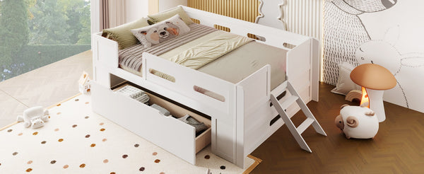 English Elm Wood Twin Platform Bed for Kids with Fence Guardrail and Under Storage Drawer White N709P385777K