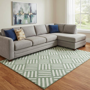 HomeRoots 10' X 14' Geometric Area Rug in Green & Ivory - Durable, Washable, Stain Resistant with UV Protection 652353