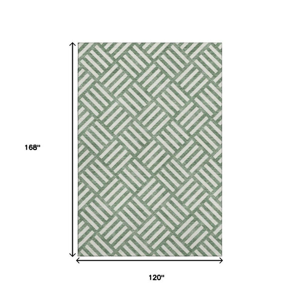 HomeRoots 10' X 14' Geometric Area Rug in Green & Ivory - Durable, Washable, Stain Resistant with UV Protection 652353