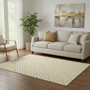 HomeRoots 5' X 8' Gold and Ivory Geometric Area Rug - Durable, Washable, UV-Protected for Modern Spaces 652355
