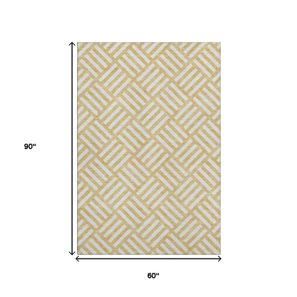 HomeRoots 5' X 8' Gold and Ivory Geometric Area Rug - Durable, Washable, UV-Protected for Modern Spaces 652355