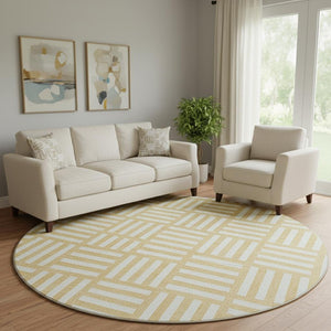 HomeRoots 8' Gold And Ivory Geometric Washable Round Rug - UV Protected, Stain-Resistant for Indoor & Outdoor Use 652356