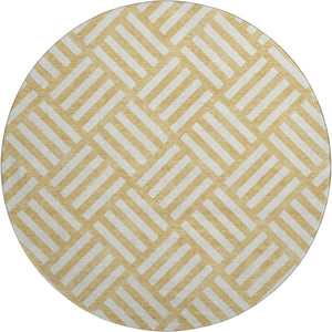HomeRoots 8' Gold And Ivory Geometric Washable Round Rug - UV Protected, Stain-Resistant for Indoor & Outdoor Use 652356