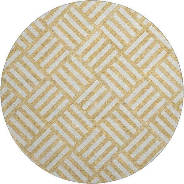 HomeRoots 8' Gold And Ivory Geometric Washable Round Rug - UV Protected, Stain-Resistant for Indoor & Outdoor Use 652356