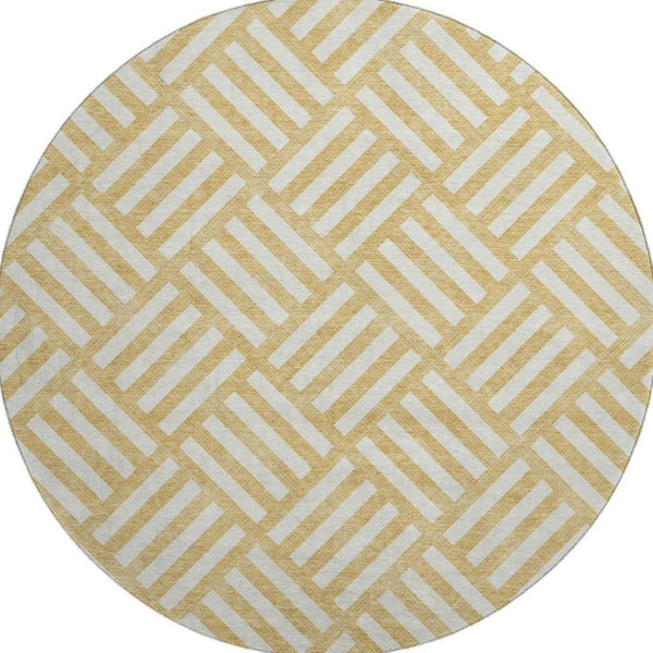 HomeRoots 8' Gold And Ivory Geometric Washable Round Rug - UV Protected, Stain-Resistant for Indoor & Outdoor Use 652356
