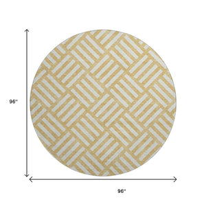 HomeRoots 8' Gold And Ivory Geometric Washable Round Rug - UV Protected, Stain-Resistant for Indoor & Outdoor Use 652356