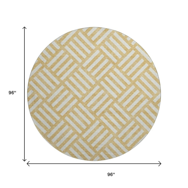 HomeRoots 8' Gold And Ivory Geometric Washable Round Rug - UV Protected, Stain-Resistant for Indoor & Outdoor Use 652356