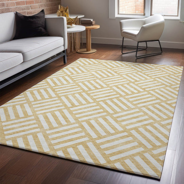 HomeRoots 8' X 10' Gold and Ivory Geometric Area Rug - Washable, Stain Resistant, UV Protected for Modern Homes 652357