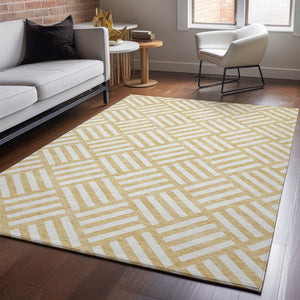 HomeRoots 9' X 12' Gold and Ivory Geometric Washable Area Rug – Stylish, Durable, Stain-Resistant with UV Protection 652358