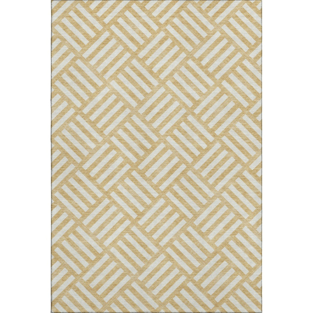 HomeRoots 9' X 12' Gold and Ivory Geometric Washable Area Rug – Stylish, Durable, Stain-Resistant with UV Protection 652358