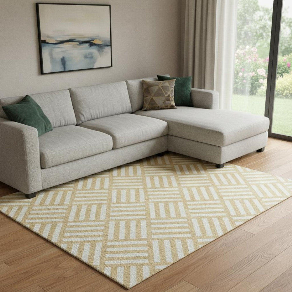 HomeRoots 9' X 12' Gold and Ivory Geometric Washable Area Rug – Stylish, Durable, Stain-Resistant with UV Protection 652358