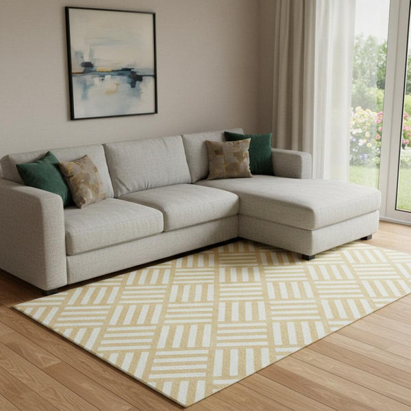 HomeRoots 10' X 14' Gold & Ivory Geometric Washable Area Rug - Stylish, Durable, UV-Protected for Active Homes 652359