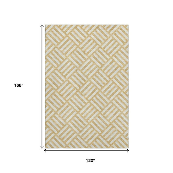 HomeRoots 10' X 14' Gold & Ivory Geometric Washable Area Rug - Stylish, Durable, UV-Protected for Active Homes 652359
