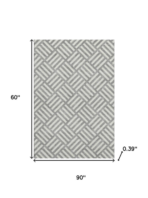 HomeRoots 5' X 8' Gray and Ivory Washable Geometric Area Rug with UV Protection for High-Traffic Spaces 652361