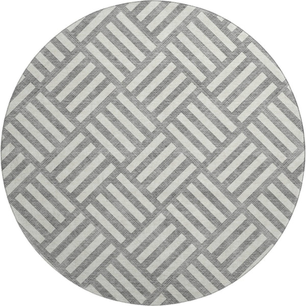 HomeRoots 8' Gray and Ivory Geometric Washable Round Rug - Stylish, Durable, Stain Resistant with UV Protection 652362