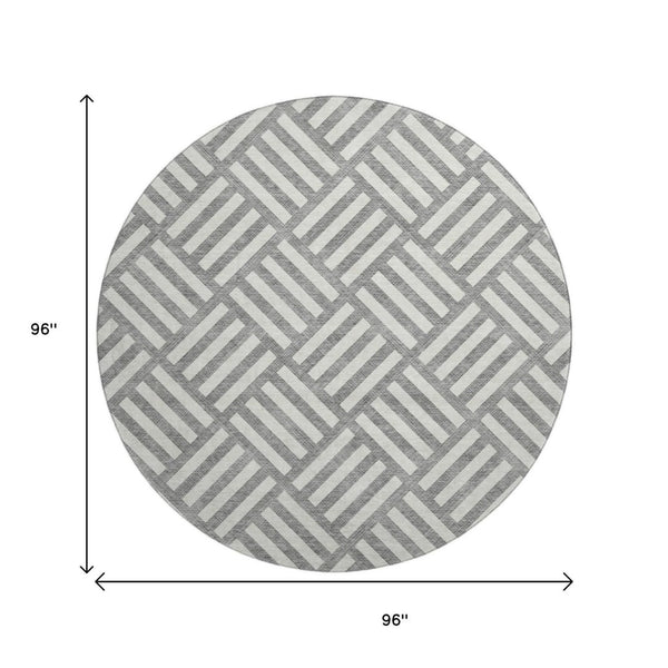 HomeRoots 8' Gray and Ivory Geometric Washable Round Rug - Stylish, Durable, Stain Resistant with UV Protection 652362