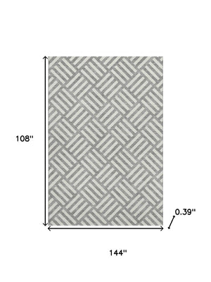 HomeRoots 9' X 12' Gray and Ivory Geometric Area Rug - Durable, Washable, UV Protected for Modern Spaces 652364