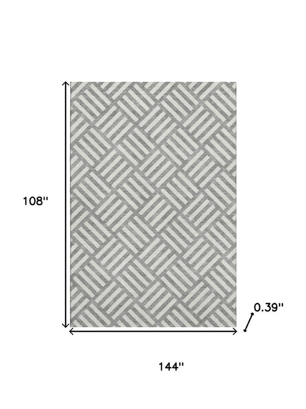 HomeRoots 9' X 12' Gray and Ivory Geometric Area Rug - Durable, Washable, UV Protected for Modern Spaces 652364
