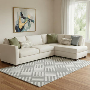 HomeRoots 9' X 12' Gray and Ivory Geometric Area Rug - Durable, Washable, UV Protected for Modern Spaces 652364
