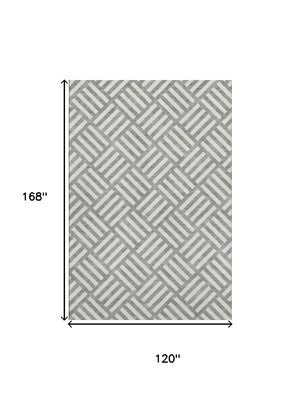 HomeRoots 10' X 14' Gray And Ivory Geometric Area Rug – Durable, Stain Resistant, and UV Protected for Modern Spaces 652365
