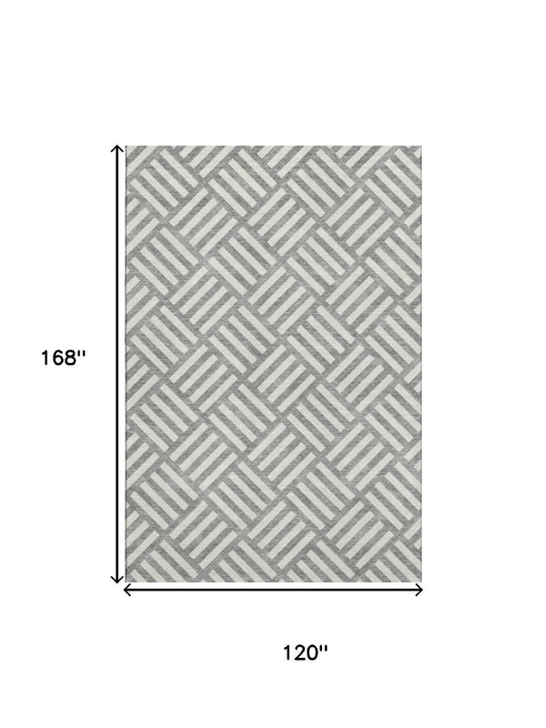 HomeRoots 10' X 14' Gray And Ivory Geometric Area Rug – Durable, Stain Resistant, and UV Protected for Modern Spaces 652365