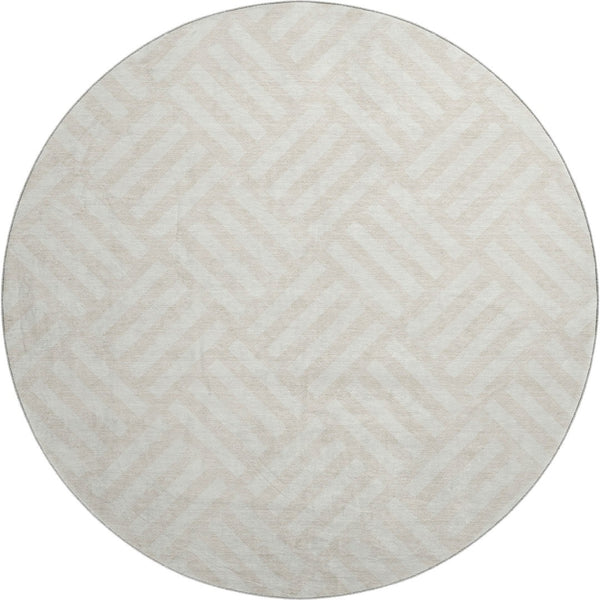 HomeRoots 8' Ivory and Beige Geometric Round Rug - Washable, UV-Protected, Perfect for Family Spaces! 652368