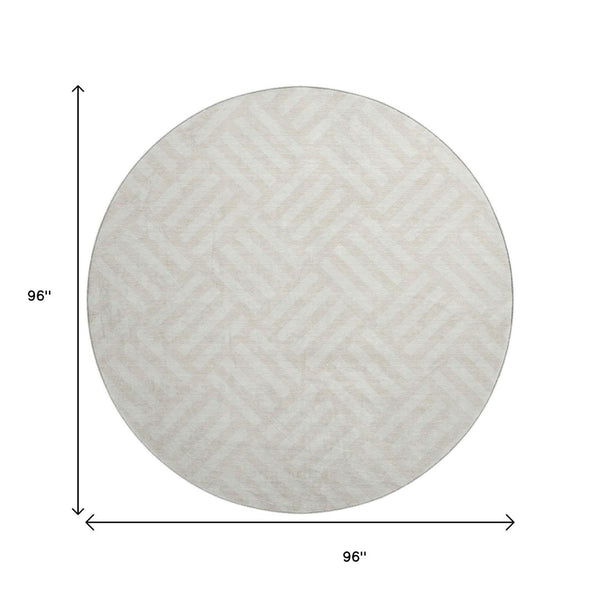HomeRoots 8' Ivory and Beige Geometric Round Rug - Washable, UV-Protected, Perfect for Family Spaces! 652368