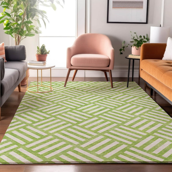 HomeRoots 5' X 8' Vibrant Lime Green & Ivory Geometric Washable Area Rug - Stain & UV Resistant for Homes 652373