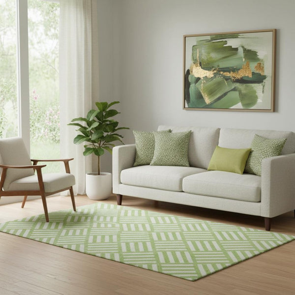 HomeRoots 5' X 8' Vibrant Lime Green & Ivory Geometric Washable Area Rug - Stain & UV Resistant for Homes 652373