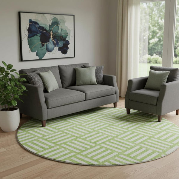 HomeRoots 8' Vibrant Lime Green & Ivory Geometric Washable Round Rug – Durable, UV-Protected for Family Homes 652374