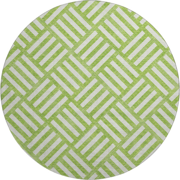 HomeRoots 8' Vibrant Lime Green & Ivory Geometric Washable Round Rug – Durable, UV-Protected for Family Homes 652374