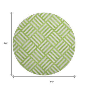 HomeRoots 8' Vibrant Lime Green & Ivory Geometric Washable Round Rug – Durable, UV-Protected for Family Homes 652374