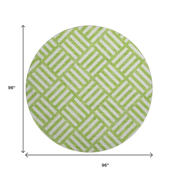 HomeRoots 8' Vibrant Lime Green & Ivory Geometric Washable Round Rug – Durable, UV-Protected for Family Homes 652374