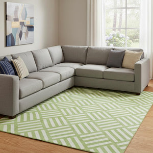 HomeRoots 10' X 14' Vibrant Lime Green & Ivory Geometric Washable Rug with UV Protection for High-Traffic Areas 652377