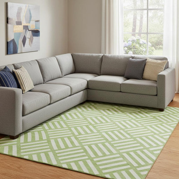 HomeRoots 10' X 14' Vibrant Lime Green & Ivory Geometric Washable Rug with UV Protection for High-Traffic Areas 652377