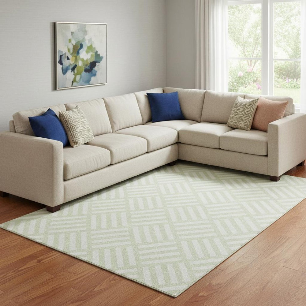 HomeRoots 8' X 10' Mint Green & Ivory Area Rug - Stylish Geometric Design, UV Protection & Washable Care 652381