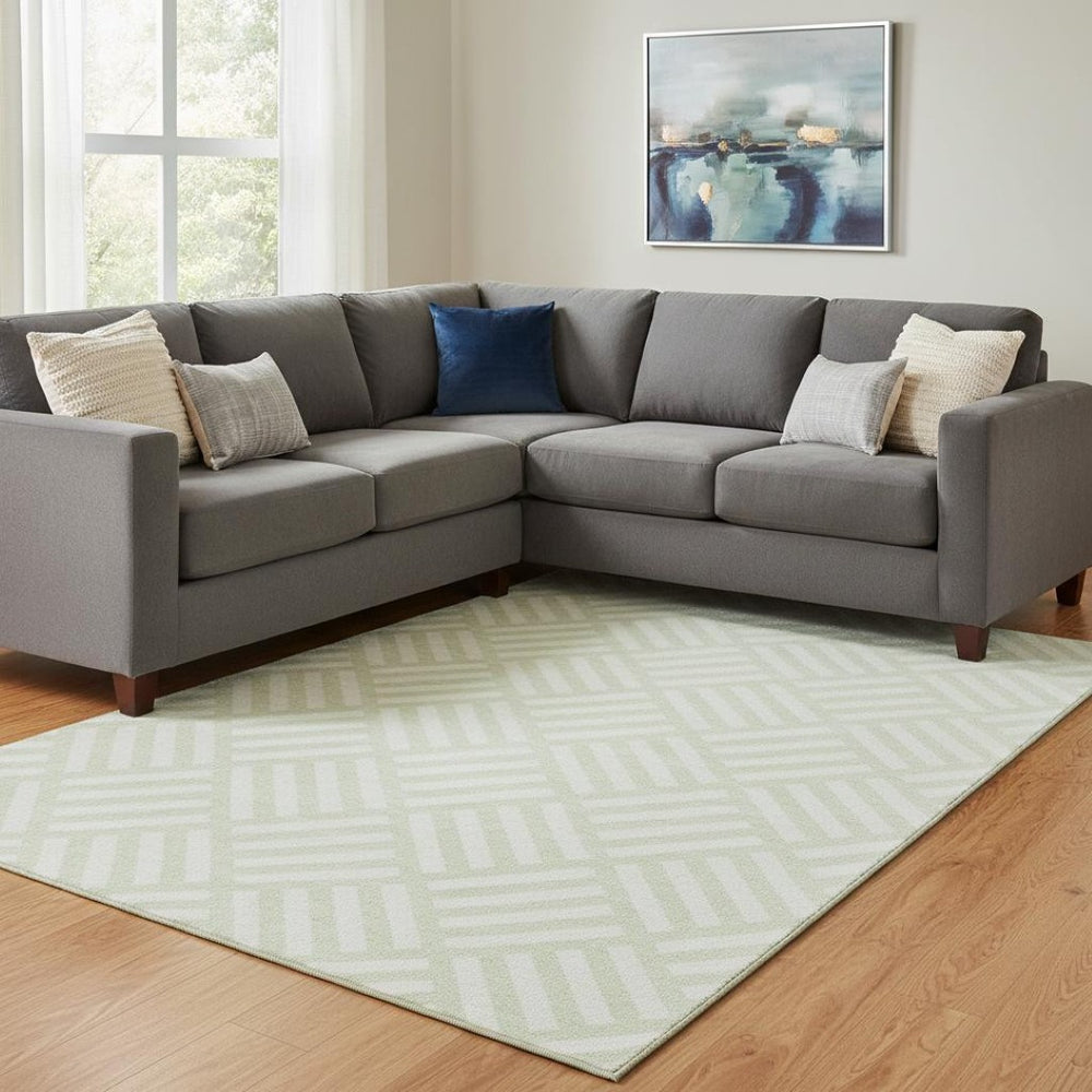 HomeRoots 10' X 14' Mint Green and Ivory Geometric Washable Area Rug - Durable, UV-Protected & Stylish Decor 652383