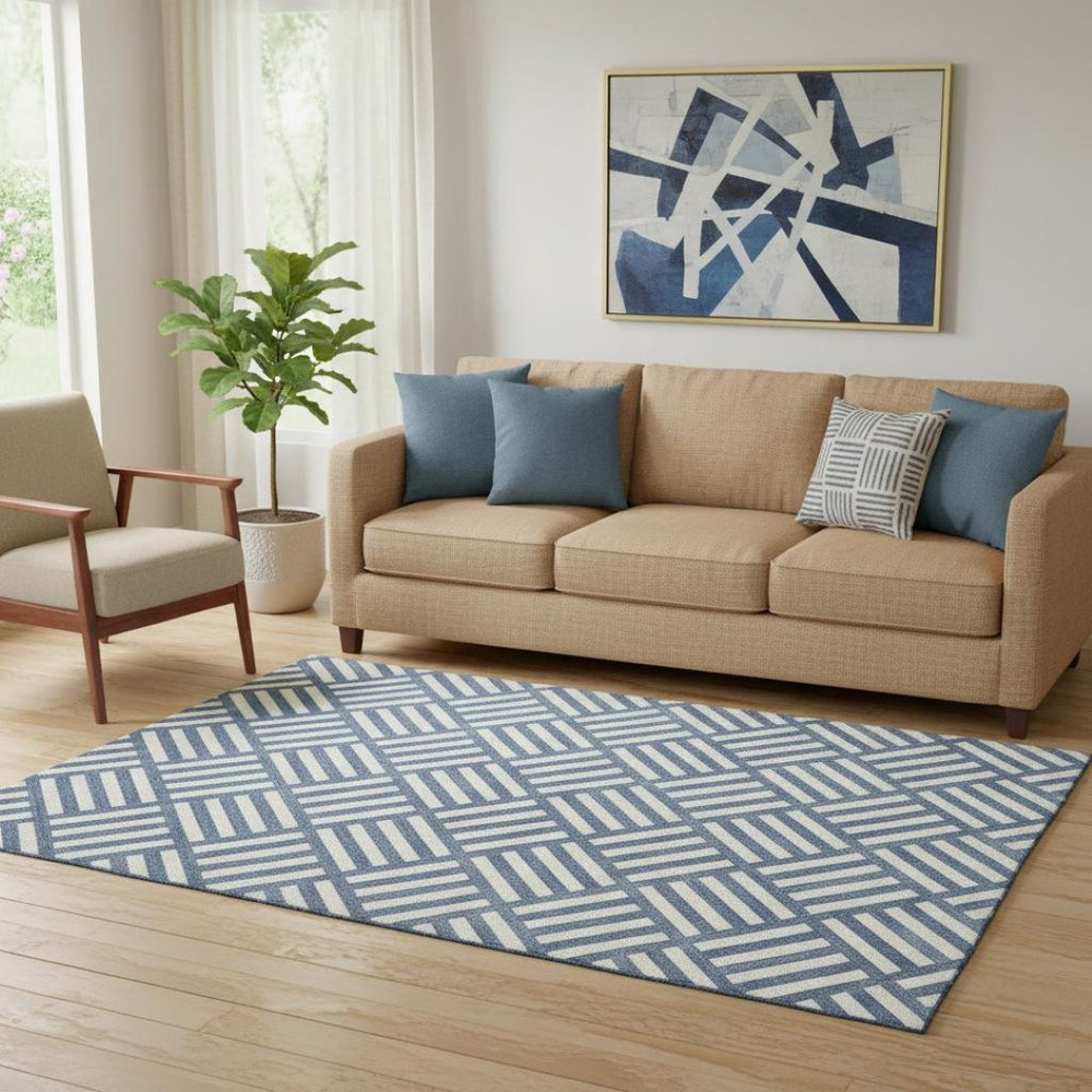 HomeRoots 5' X 8' Navy Blue Geometric Washable Area Rug - Soft, Durable, Stain-Resistant with UV Protection! 652385
